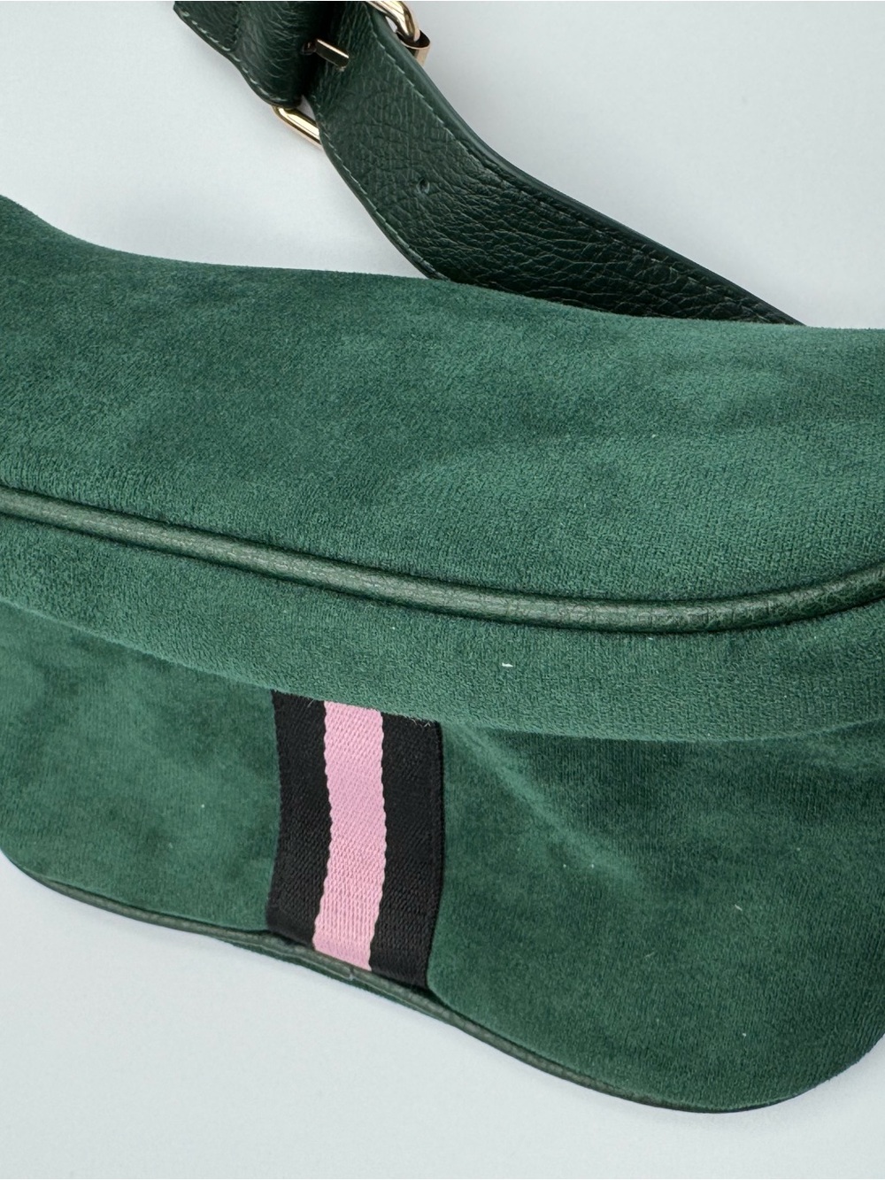 Dark Green Microfiber Crossbody Belt Bag with Pink and Black Accent Stripe - Picture 5 of 9